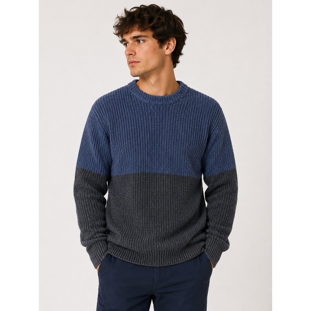 Howlin Ireland Blue Gray Colorblock Cotton Knit Crewneck Sweater Large